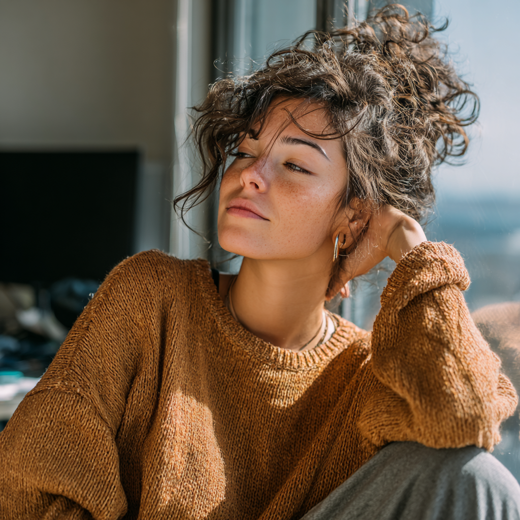 Young woman in casual clothing taking a break from computer work, looking out window with relaxed expression